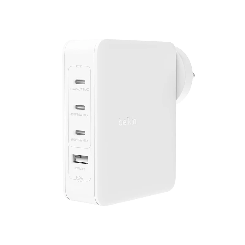 Belkin 140W 4-Port GaN Wall Charger | Travel Plug USB -C PD Fast Charge | Compatible for iPhone 17, Samsung Galaxy, Google Pixel, Ipad, MacBook, Tablet, HP, Dell, Lenovo | 2 Years Warranty, White