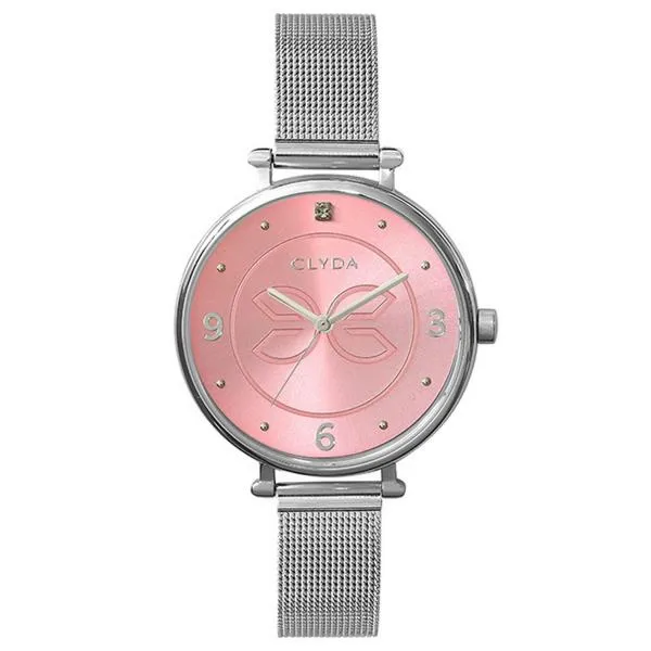 Clyda - Montre Maille Milanaise Grise & Cadran Rose