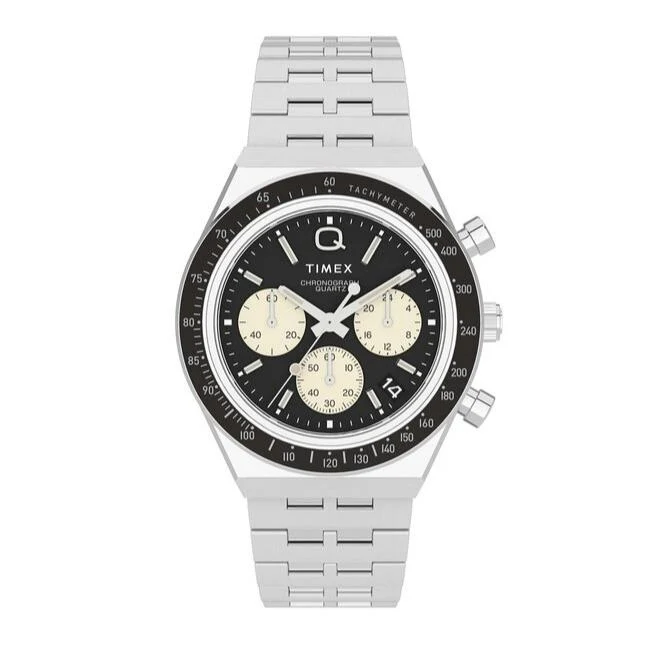 Reloj Timex Q diver inspirado en crono (40 mm) con esfera negra y brazalete de acero inoxidable TW2V42600