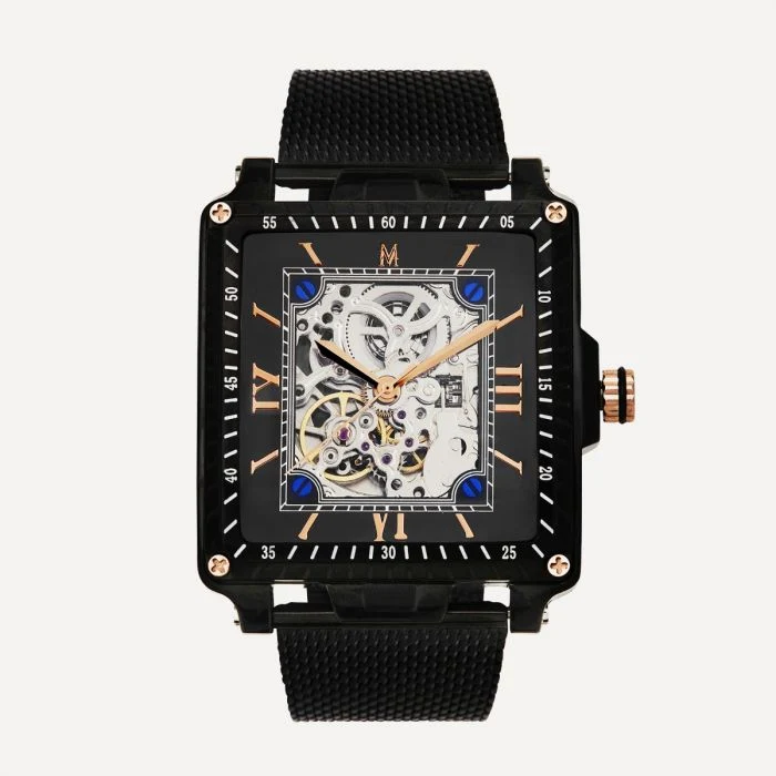 Montignac - Montre Square Automatique Maille Milanaise Noire