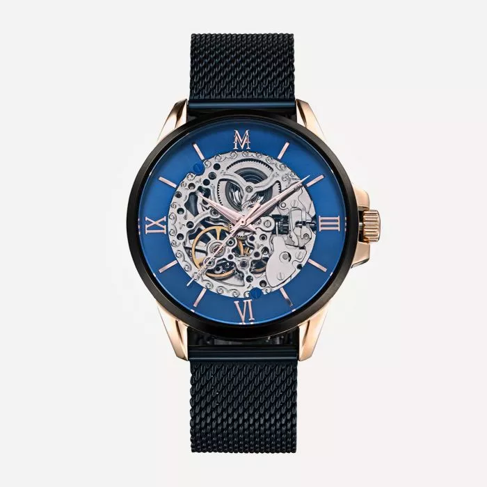Montignac - Montre Automatique Maille Milanaise Noir Gold & Bleu