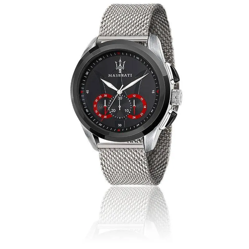 Maserati - Montre Traguardo Maille Milanaise Grise Cadran Noir Rouge