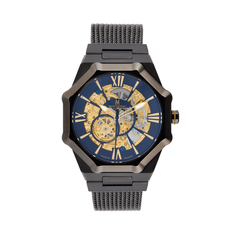 Montignac - Montre Octagon Automatique Noire Cadran Bleu
