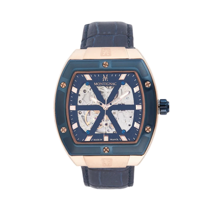 Montignac - Montre Tonneau Automatique Cuir Bleu