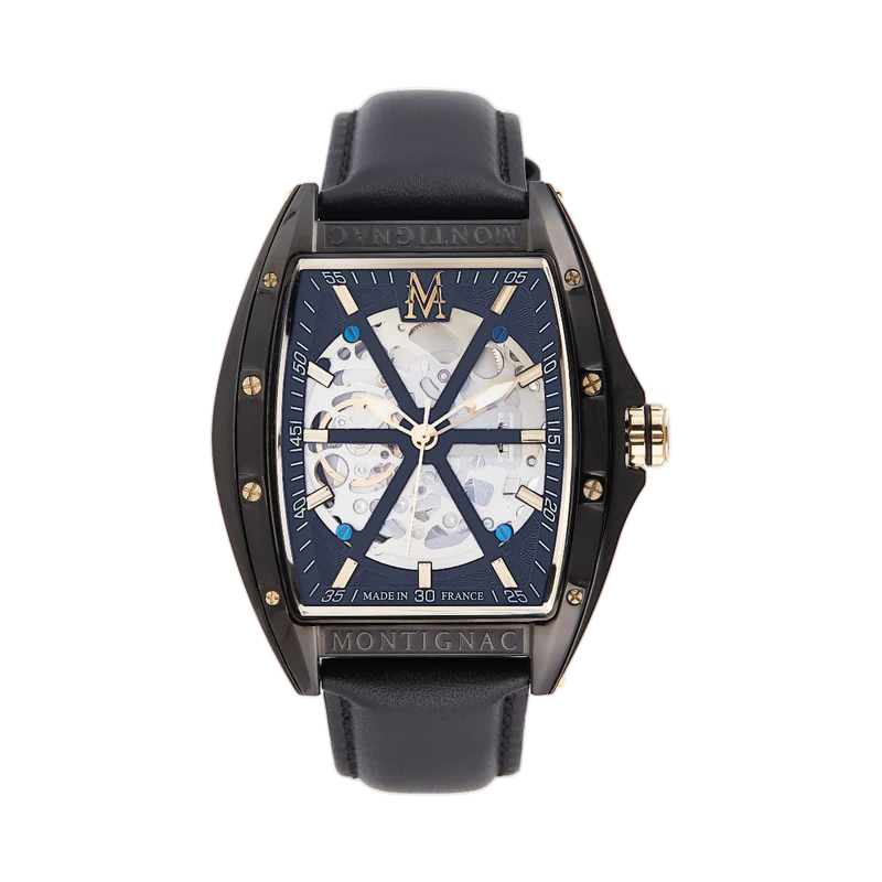 Montignac - Montre Automatique Tonneau Cuir Noir