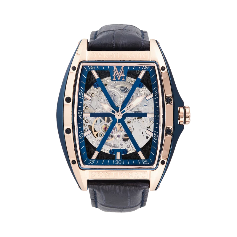 Montignac - Montre Automatique Tonneau Cuir Bleu