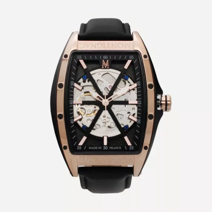 Montignac - Montre Tonneau Cuir Noire & Gold