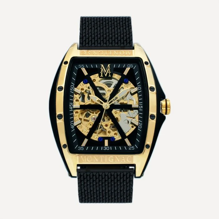 Montignac - Montre Tonneau Maille Milanaise Noire & Gold