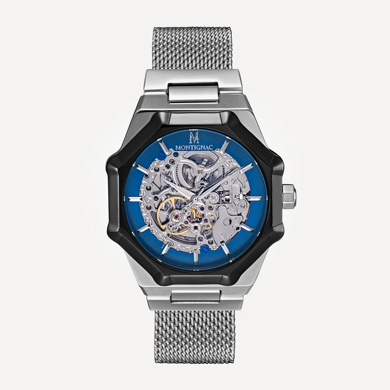 Montignac - Montre Octagon Automatique Maille Milanaise Grise & Bleue