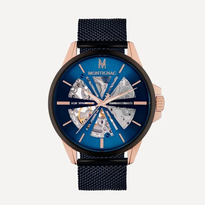 Montignac - Montre Automatique Maille Milanaise Noir Gold & Bleu
