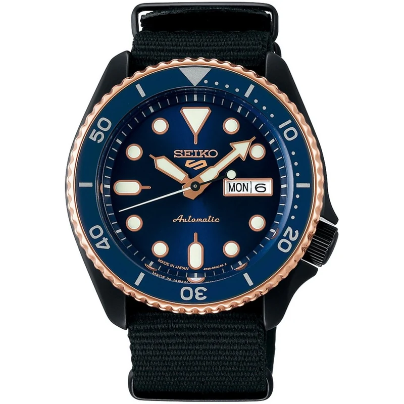 Montre Seiko 5 Sports Automatique Homme SBSA098 Bleu Or Rose Bracelet Nylon NATO