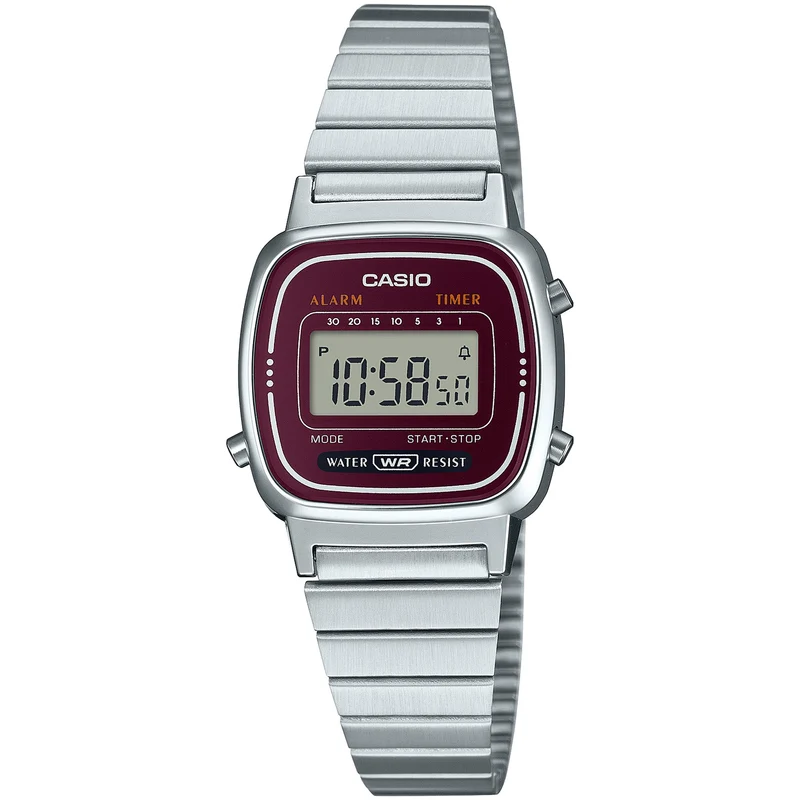 Montre Casio Femme Vintage LA670WA-4 Quartz Digitale Argent Rouge