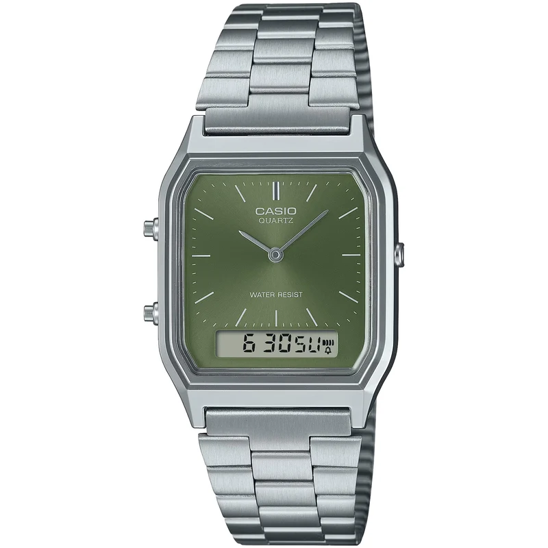 Montre Casio Mixte Vintage AQ-230A-3A Quartz Analogique / Digitale Argent Vert