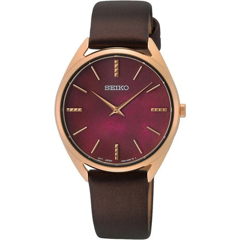 Montre Seiko Essentials Quartz Ronde Femme SWR082P1 Or Rose Bordeaux Bracelet Cuir