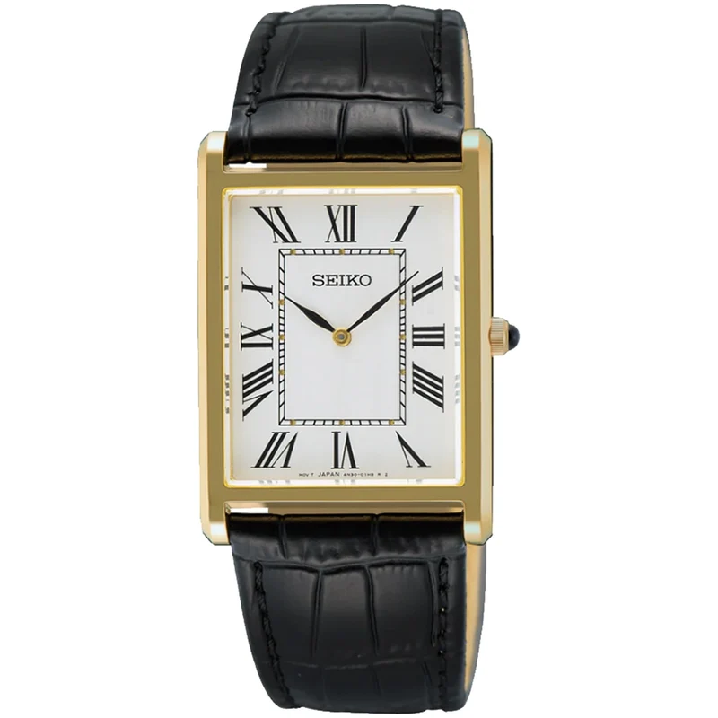 Montre Seiko Classique Rectangulaire Homme SWR104P1 Doré Blanc Chiffres Romains