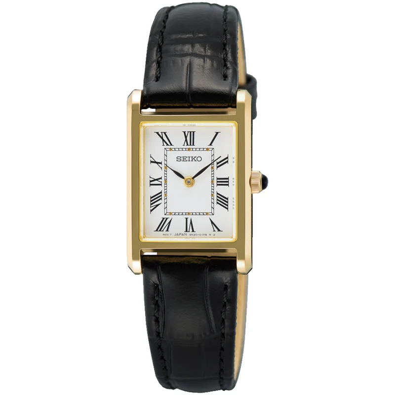 Montre Seiko Classique Rectangulaire Femme SWR108P1 Doré Blanc Chiffres Romains