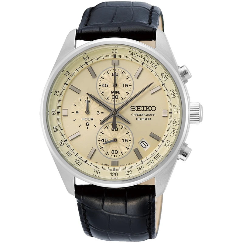 Montre Seiko Chronographe Sport Homme Quartz SSB383P1 Beige Bracelet Cuir