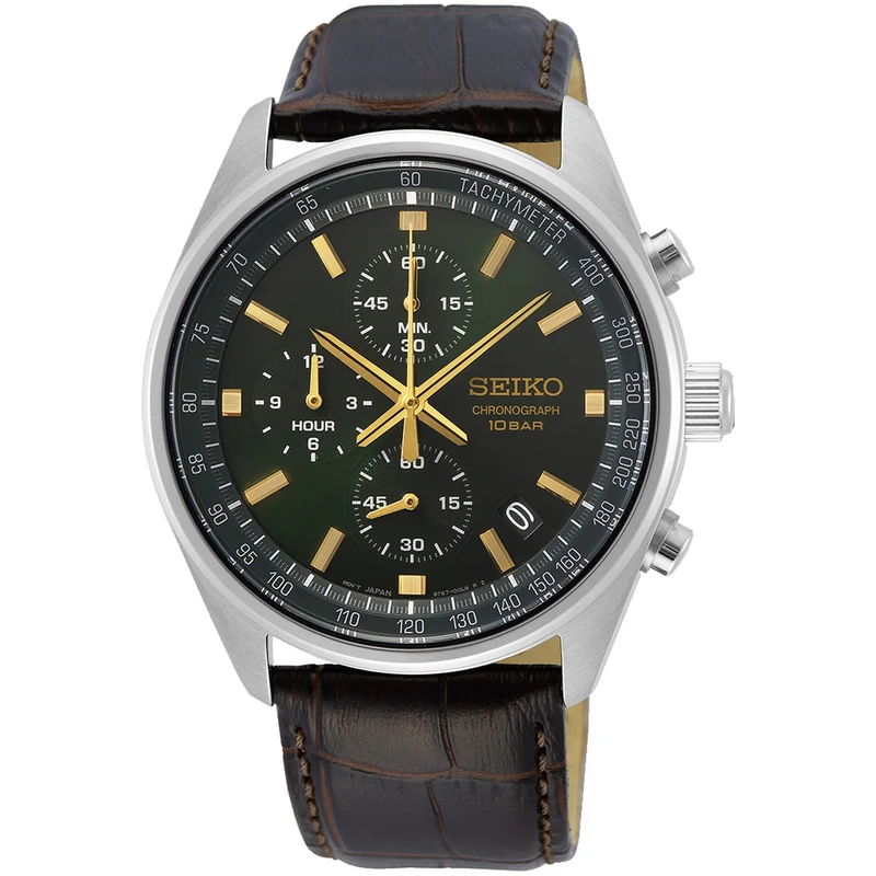 Montre Seiko Chronographe Sport Homme Quartz SSB385P1 Vert Bracelet Cuir