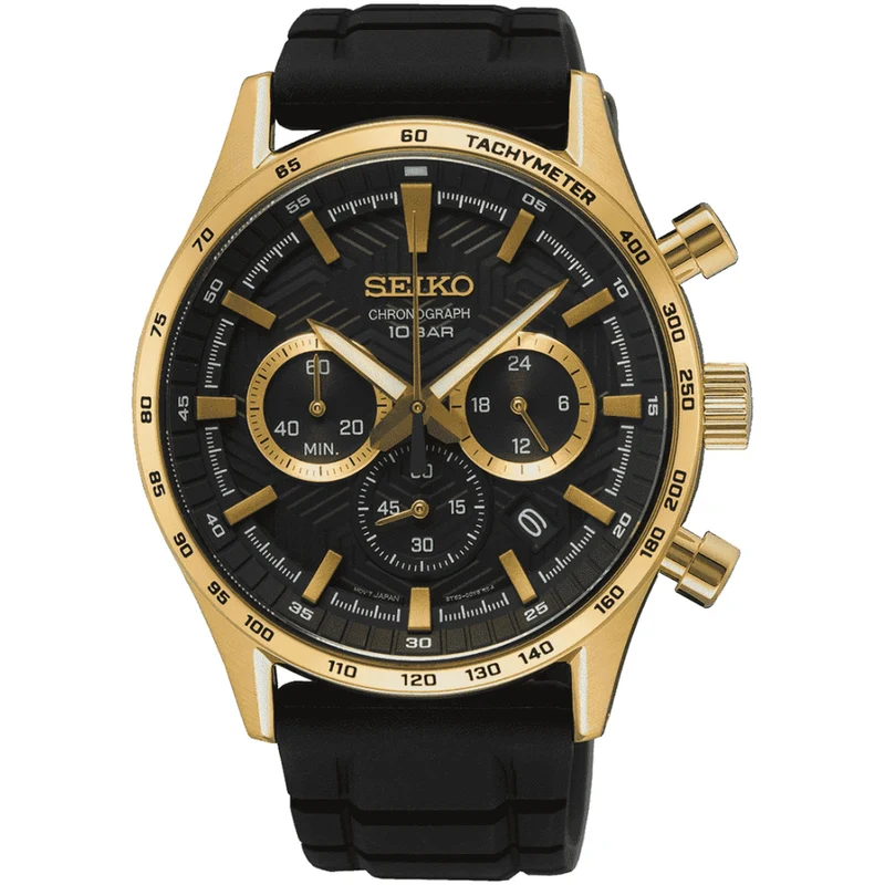 Montre Seiko Chronographe Sports Homme Quartz SSB446P1 Acier Doré Noir Bracelet Caoutchouc