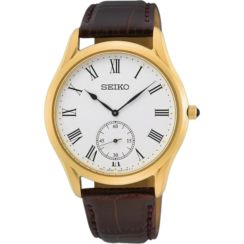 Montre Seiko Classic Homme SRK050P1 Doré Blanc Cuir Marron Quartz