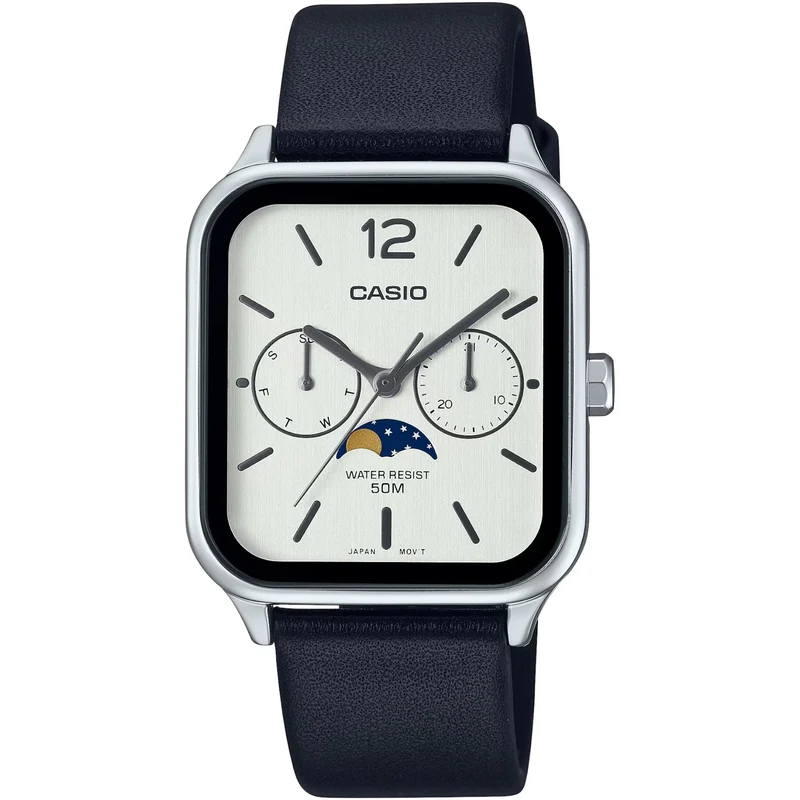 Montre Casio Standard Homme MTP-M305L-7A Moon Phase Blanc Cuir Noir Quartz