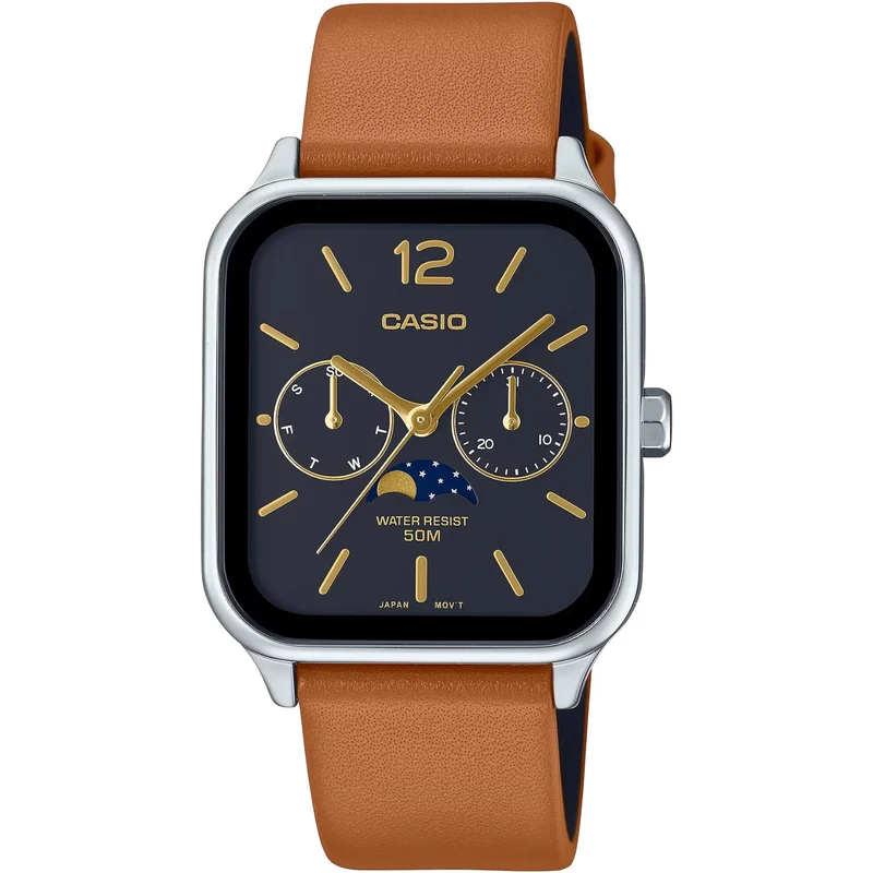 Montre Casio Standard Homme MTP-M305L-1A Moon Phase Noir Cuir Marron Quartz
