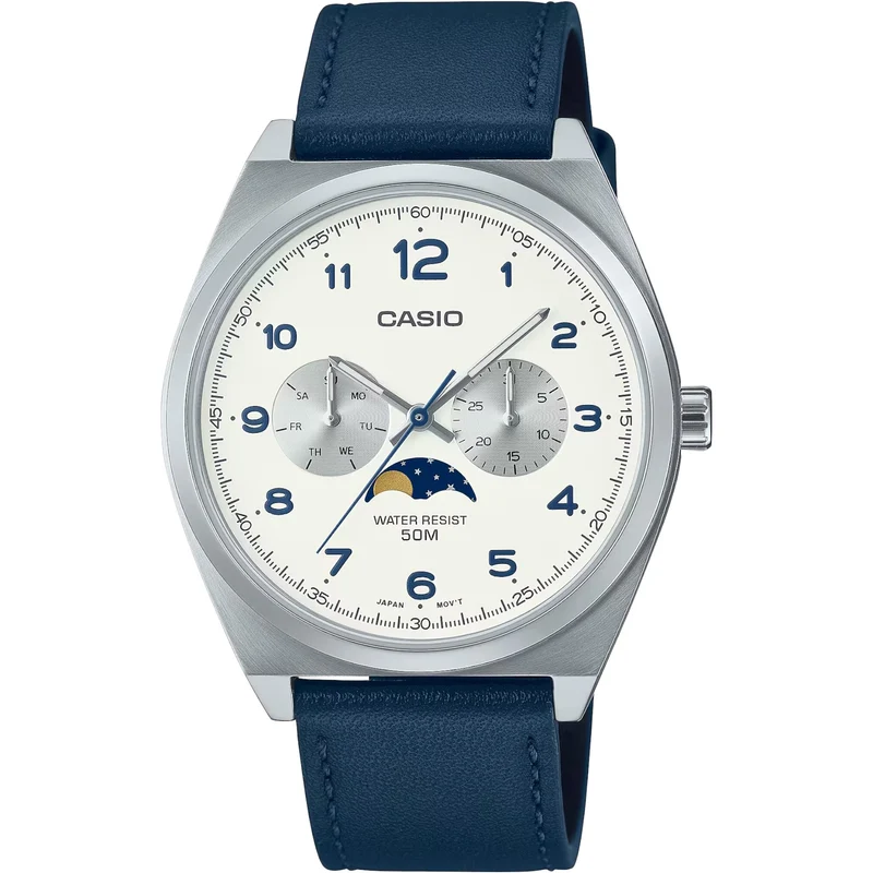 Montre Casio Standard Homme MTP-M300L-7A Moon Phase Blanc Cuir Bleu Quartz
