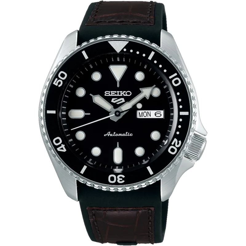 Montre Automatique Homme Seiko 5 Sports SRPD55K2 Noir Bracelet Silicone Noir et Cuir Brun