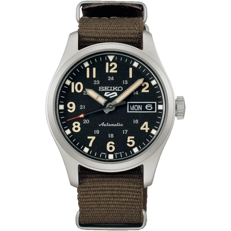 Montre Automatique Homme Seiko 5 Sports SRPJ85K1 Midfield Noir Bracelet Nylon NATO Kaki