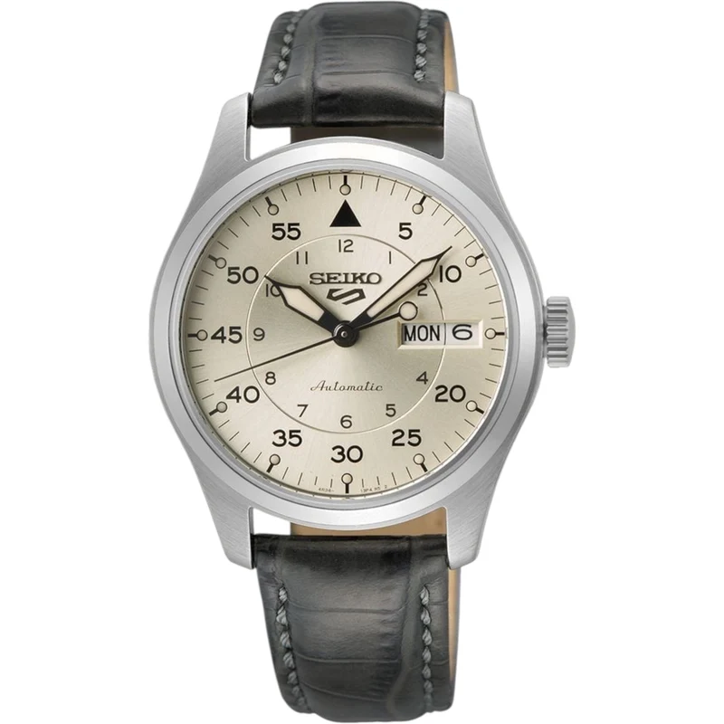 Montre Automatique Homme Seiko 5 Sports SRPJ87K1 Champagne Flieger Bracelet Cuir Noir