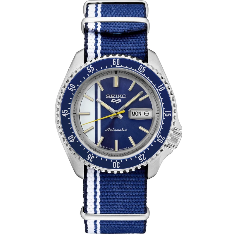 Montre Automatique Homme Seiko 5 Sports SRPK69 U.S. Special Creation Vintage Race Cars Bleu
