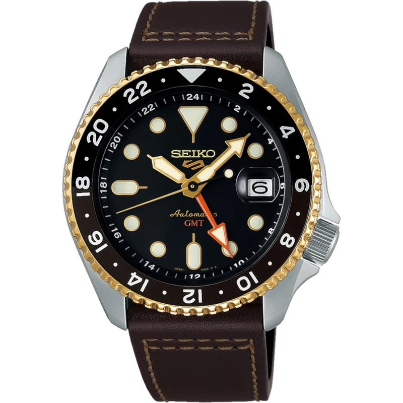 Montre Automatique Homme Seiko 5 Sports GMT SSK036K1 Noir Doré Bracelet Cuir
